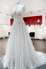 Wedding Dresses With Shoes, Simply Long A-line Tulle Lace Open Back Wedding Dresses