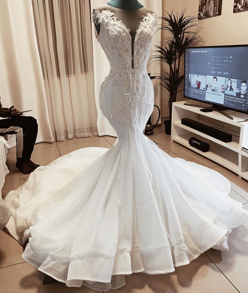 Wedding Dress Under 1004, Sleeveless Beads Appliques Mermaid Wedding Dresses Sheer Tulle V neck Tulle Bridal Gowns