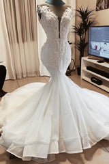 Wedding Dresses On A Budget, Sleeveless Beads Appliques Mermaid Wedding Dresses Sheer Tulle V neck Tulle Bridal Gowns