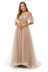 Evening Dresses Stunning, Sparkle Beaded Cool Shoulder A-Line Beaded Prom Dresses