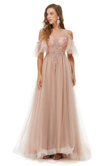 Evening Dresses For Party, Sparkle Beaded Cool Shoulder A-Line Beaded Prom Dresses