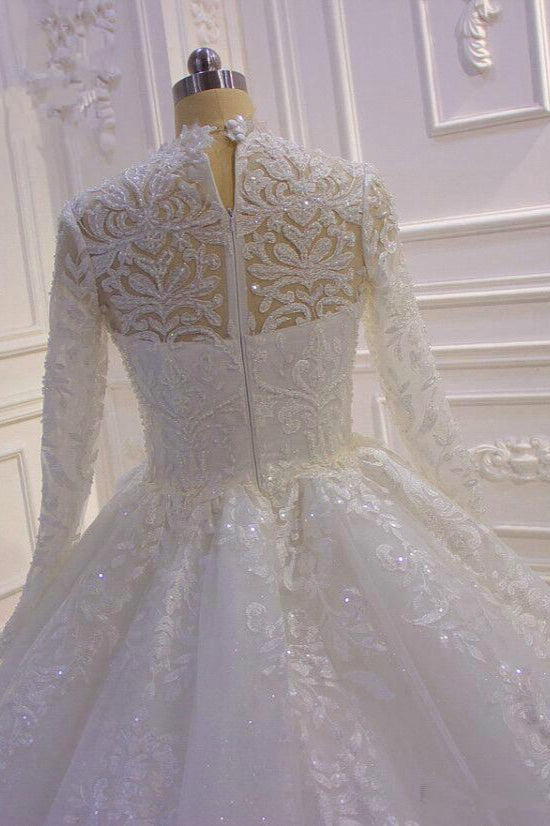 Wedding Dresses For Bridesmaid, Sparkle Lace Ball Gown High Neck Tull Long Sleevess Wedding Dress