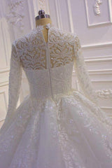 Wedding Dresses For Bridesmaid, Sparkle Lace Ball Gown High Neck Tull Long Sleevess Wedding Dress