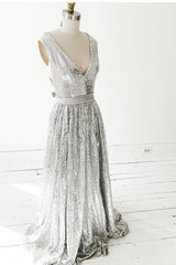 Party Dress Size 20, Sparkly A-line Silver Sequin Prom Dresses with V-neckline