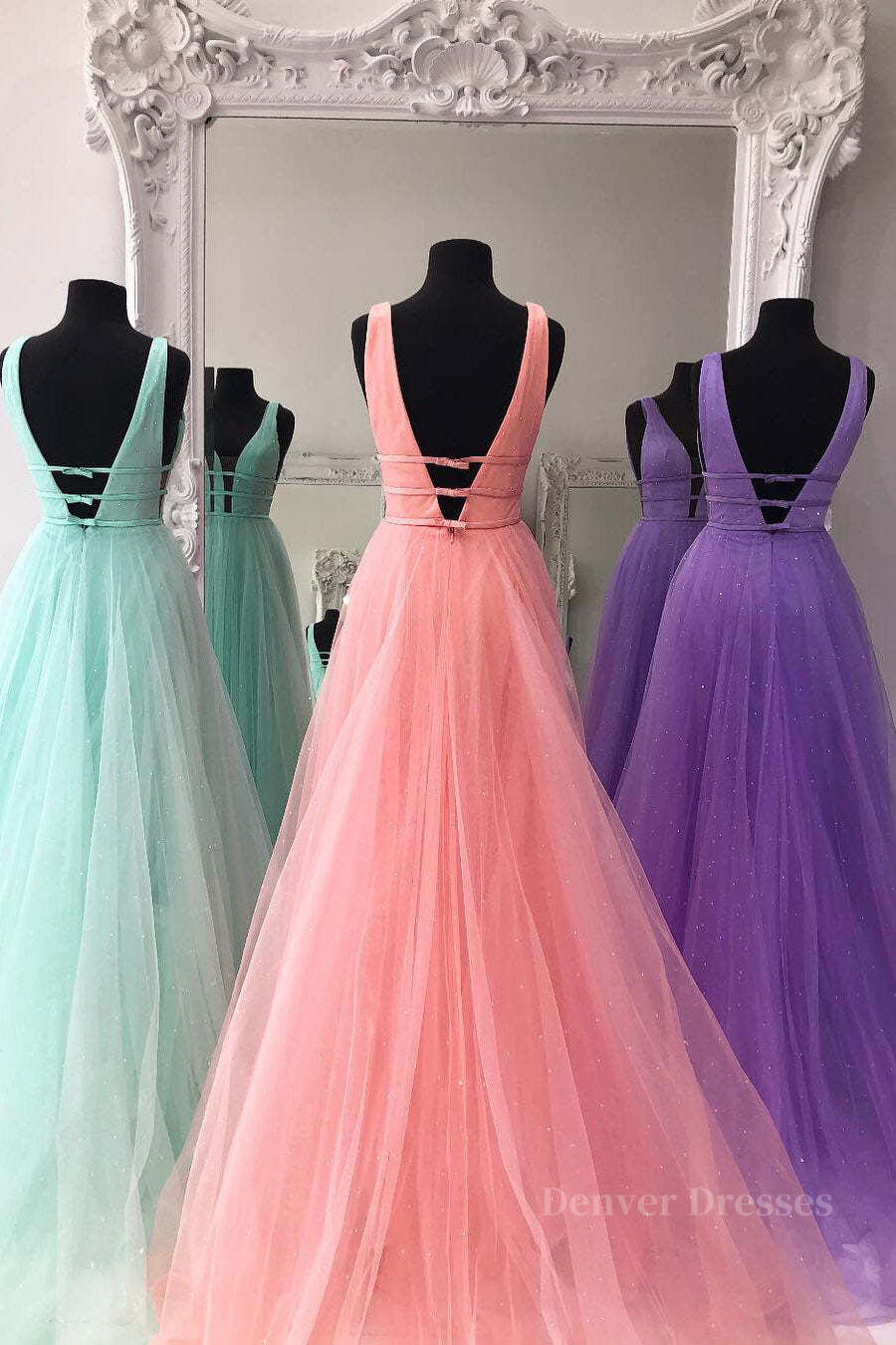 Bridesmaid Dresses Chicago, Sparkly A Line V Neck and V Back Prom Dresses with Thin Belt, Formal Graduation Evening Dresses