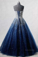 Evening Dresses Wholesale, Sparkly Strapless Blue Prom Dresses, Strapless Blue Long Formal Evening Dresses