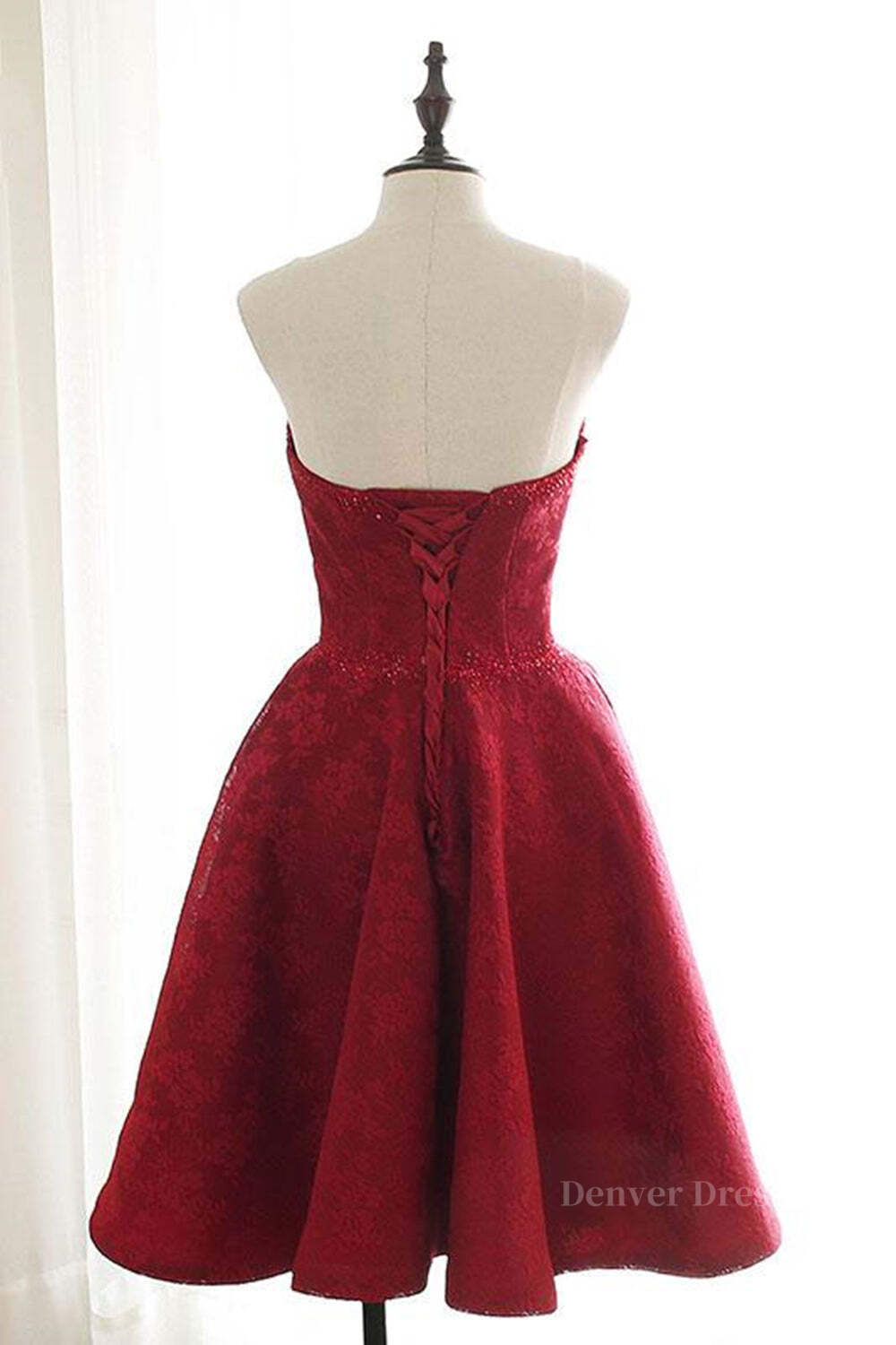 Prom Dresses Gowns, Strapless Backless Burgundy Lace Short Prom Dress, Short Burgundy Lace Homecoming Dress