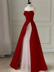 Elegant Gown, Strapless Burgundy Long Prom Dresses, Strapless Burgundy Long Formal Evening Dresses