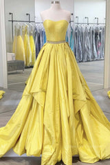 Evening Dresses For Sale, Strapless Open Back Fluffy Yellow Satin Long Prom Dress, Layered Yellow Formal Evening Dress