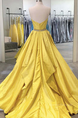 Evening Dress Store, Strapless Open Back Fluffy Yellow Satin Long Prom Dress, Layered Yellow Formal Evening Dress