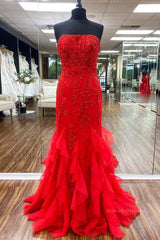 Party Dress Size 48, Strapless Red Mermaid Lace Prom Dresses, Red Mermaid Lace Formal Evening Dresses