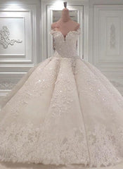 Wedding Dresses For Shorter Brides, Strapless Sparkle Luxurious Train See through Ball Gown Wedding Dress