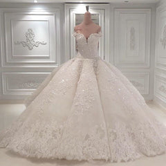 Wedding Dress For Short Brides, Strapless Sparkle Luxurious Train See through Ball Gown Wedding Dress