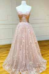 Formal Dress Suits For Ladies, Strapless Sweetheart Neck Pink Lace Long Prom Dress, Pink Lace Formal Graduation Evening Dress