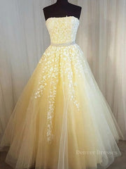 Prom Dressed Short, Strapless Yellow Lace Long Prom Dresses, Yellow Lace Formal Evening Dresses