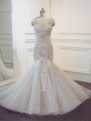 Wedding Dresses Tulle, Stunning Long Mermaid Spaghetti Strap Lace Wedding Dresses