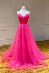 Prom Dress Princess Style, Stylish A Line V Neck Backless Hot Pink Long Prom Dress, Backless Hot Pink Formal Graduation Evening Dress