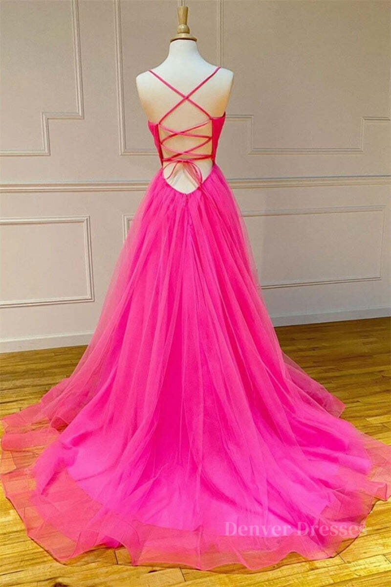 Prom Dresses With Sleeve, Stylish A Line V Neck Backless Hot Pink Long Prom Dress, Backless Hot Pink Formal Graduation Evening Dress