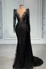 Bridesmaid Dresses Mismatch, Stylish Black A-line Mermaid Evening Dress Deep V-Neck Beadings Long Sleeves Prom Dress