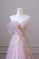 Prom Dress Modest, Stylish Tulle Sequins Long Prom Dress, A-Line Sweetheart Neckline Evening Dress