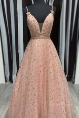 Formal Dress Party Wear, Stylish V Neck Pink Long Prom Dress with Stars Sequins, Long Pink Formal Evening Dress