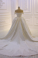 Wedding Dress Elegent, Sweetheart Lace Appliques Off the Shoulder Detachable Train Wedding Dress