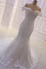 Wedding Dresses Elegent, Sweetheart Lace Appliques Off the Shoulder Detachable Train Wedding Dress