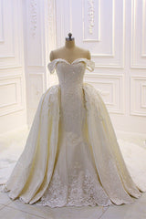 Wedding Dress Wedding Dress, Sweetheart Lace Appliques Off the Shoulder Detachable Train Wedding Dress