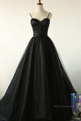 Party Dresses For Babies, Sweetheart Neck Black Tulle Long Prom Dress, Thin Straps Black Formal Evening Dress, Black Ball Gown