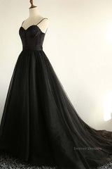 Party Dress Baby, Sweetheart Neck Black Tulle Long Prom Dress, Thin Straps Black Formal Evening Dress, Black Ball Gown