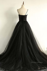 Party Dress Afternoon Tea, Sweetheart Neck Black Tulle Long Prom Dress, Thin Straps Black Formal Evening Dress, Black Ball Gown