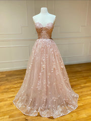Prom Dresses Outfits, Sweetheart Neck Champagne Lace Prom Dresses, Champagne Lace Formal Evening Dresses
