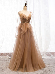 Prom Dress Piece, Sweetheart Neck Floor Length Champagne Lace Prom Dresses, Champagne Lace Formal Dresses