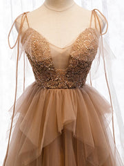 Prom Dresses Pieces, Sweetheart Neck Floor Length Champagne Lace Prom Dresses, Champagne Lace Formal Dresses