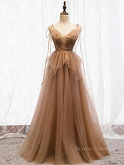 Casual Dress, Sweetheart Neck Floor Length Champagne Lace Prom Dresses, Long Champagne Lace Formal Evening Dresses