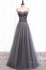 Formal Dress Gowns, Sweetheart Neck Grey Sequins Tulle Long Prom Dress, Grey Sequins Formal Evening Dress