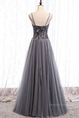 Formal Dresses Fashion, Sweetheart Neck Grey Sequins Tulle Long Prom Dress, Grey Sequins Formal Evening Dress