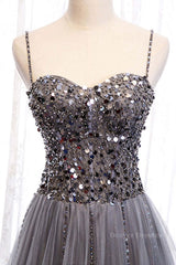 Formal Dress Fashion, Sweetheart Neck Grey Sequins Tulle Long Prom Dress, Grey Sequins Formal Evening Dress