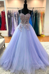 Formal Dress Classy Elegant, Sweetheart Neck Purple Tulle Long Prom Dress with Lace Appliques, Purple Lace Formal Graduation Evening Dress