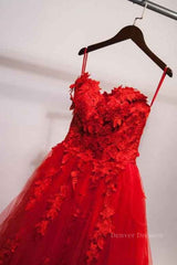 Graduation Outfit Ideas, Sweetheart Neck Red Lace Floral Long Prom Dresses, Red Lace Formal Evening Dresses, Red Ball Gown