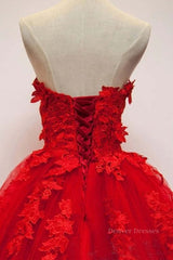 Cocktail Dress, Sweetheart Neck Red Lace Floral Long Prom Dresses, Red Lace Formal Evening Dresses, Red Ball Gown