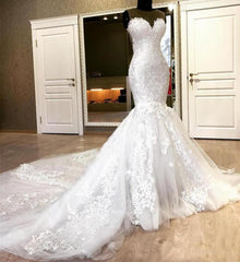 Weddings Dress Online, Sweetheart White Illusion neck Mermaid Beaded Lace Wedding Dress