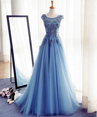 Vacation Dress, Blue A Line Tulle Lace Long Prom Dress, Evening Dress