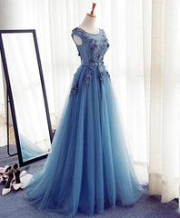 Dress To Impression, Blue A Line Tulle Lace Long Prom Dress, Evening Dress