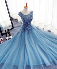 Wedding Dress Guest, Blue A Line Tulle Lace Long Prom Dress, Evening Dress