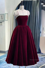 Dress Prom, Tea Length Velvet Prom Dresses, Velvet Tea Length Formal Homecoming Dresses