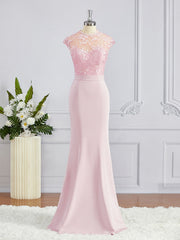 Night Club Outfit, Trumpet/Mermaid High Neck Floor-Length Stretch Crepe Bridesmaid Dresses with Appliques Lace