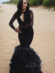 Prom Dress 3 21 Sleeves, Trumpet/Mermaid Jewel Floor-Length Lace Evening Dresses