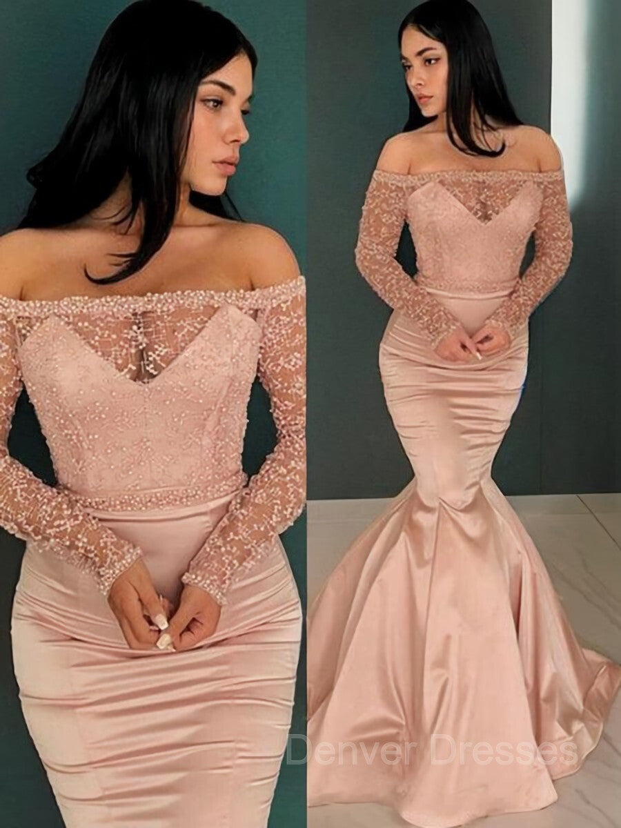 Prom Dress Inspiration, Trumpet/Mermaid Off-the-Shoulder Sweep Train Satin Evening Dresses