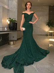 Homecoming Dress Styles, Trumpet/Mermaid Off-the-Shoulder Sweep Train Sequins Evening Dresses With Ruffles